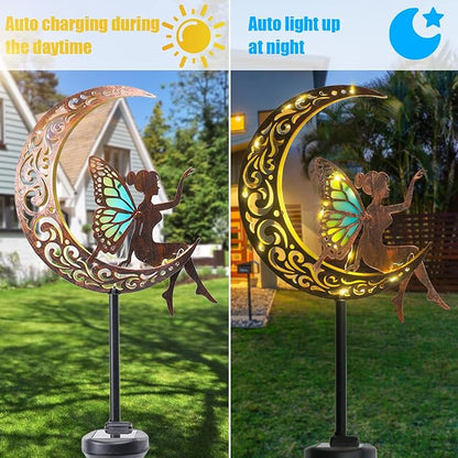 Bshine Moon Solar Light Outdoor Garden Decor,2 Pack Moon Fairy Garden Statue Decor,Metal Waterproof Light Stake for Patio, Path, Yard and Lawn Ornament, Housewarming Gift for Mom