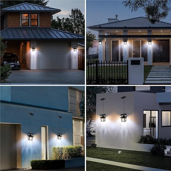 QUQUQ Solar Pathway Lights 2 Packs Solar Outdoor Wall Lights with Sensor Garden Retro Lantern Yard Patio Decor(Black2)