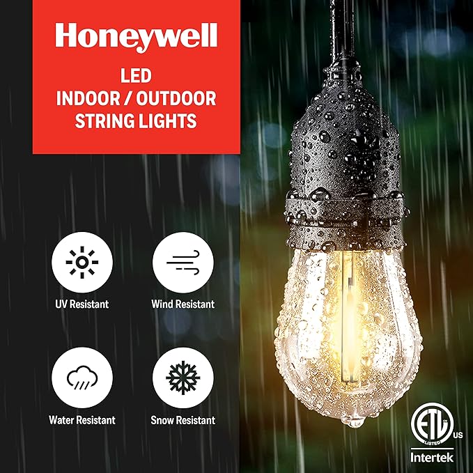 Honeywell E26 LED Outdoor Indoor String Lights, 24 FT (Maximum 1680FT) Commercial Grade Patio Gazebo Porch Party Decor Light, Vintage Style Café Lighting in Bistro Pergola Backyard