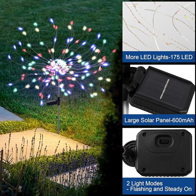 2 Pack 175 LED Solar Firework Lights Outdoor, 4th of July 2 Modes Solar Garden Light Waterproof Twinkling Light, Starburst Lights for Landscape Path Halloween Christmas Decor （Colorful）