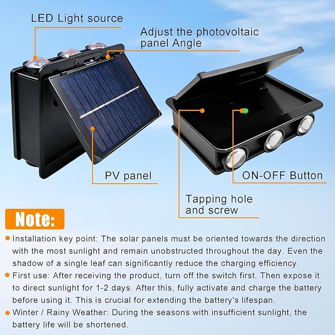 2PCS Solar Wall Lights Outdoor, Adjustable PV Panel,6 Bulbs Up and Down Lamp Bright Wall Light for Patio Cafe BarExterior Wall Garage Garden Yard