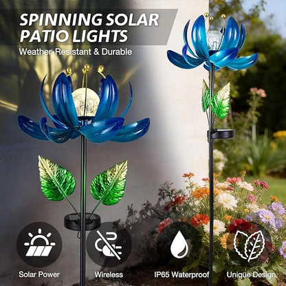 Solar Garden Lights Metal Flower Decor, Colorful Lotus Pathway Spinning Windmill with LED Cracked Crystal Ball Outdoor Decorative Stake Lighting Waterproof Flower Sculpture for Patio Yard