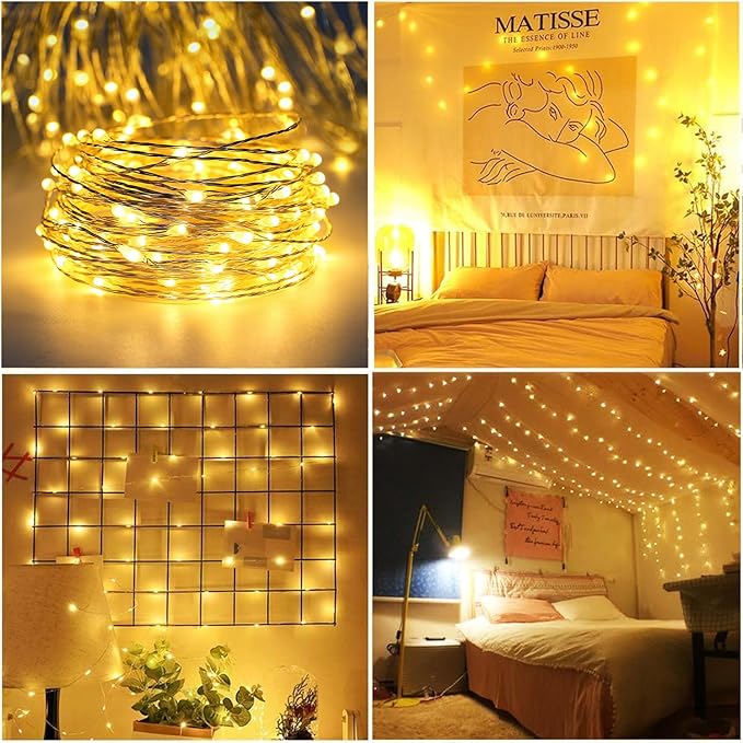 RUICHEN USB Plug in String Lights Silver Wire 20 Ft 120 LED Starry Fairy Lights with On/Off Switch, Warm White