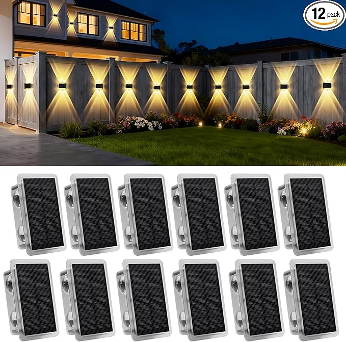 Solar Fence Lights Outdoor, New Up Down Lighting Fence Lights Solar Powered with 3 Modes 3000K/4000K/6000K, IP65 Waterproof Solar Wall Light for Backyard Wall Pathway Deck Patio Decor - 12 Pack