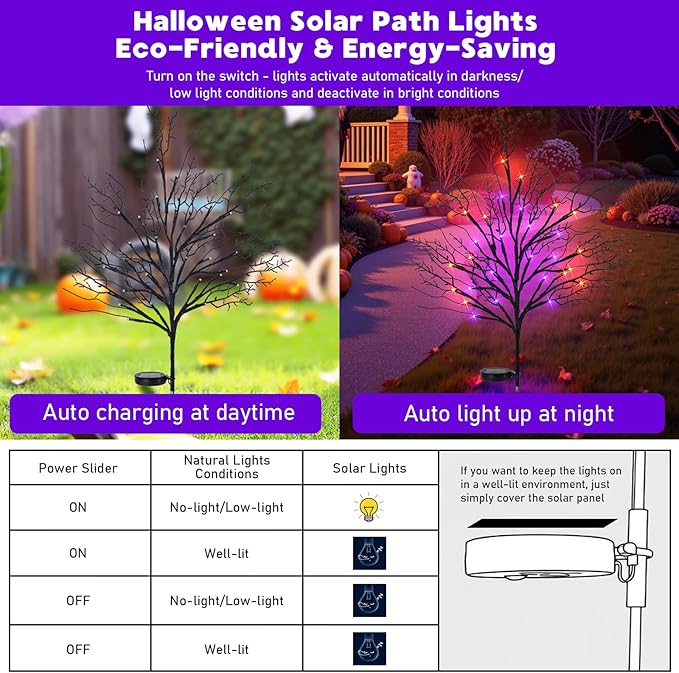 Halloween Solar Pathway Lights 4PCS, Halloween Outdoor Decorations, Artificial Tree Waterproof LED Lights for Lawn Yard Garden Driveway Porch Walkway, Auto On/Off