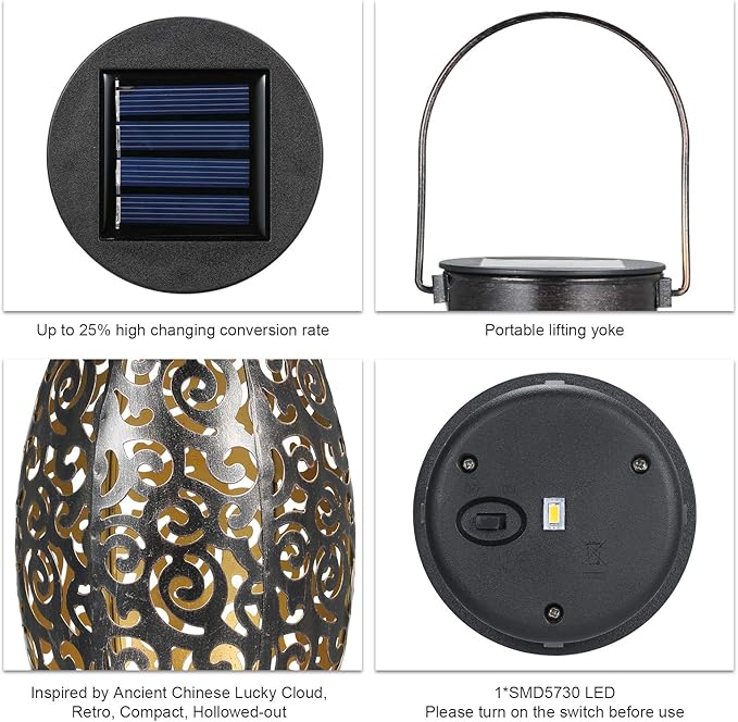 2 Pack Metal Hanging Solar Lanterns - Outdoor Solar Powered Lanterns with Handle, Waterproof, Decorative Garden Lights for Patio, Yard, Pathway, Walkway, Porch