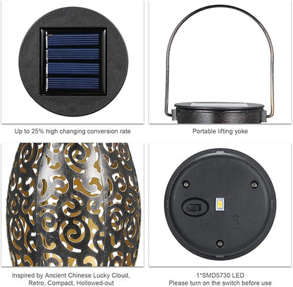 2 Pack Metal Hanging Solar Lanterns - Outdoor Solar Powered Lanterns with Handle, Waterproof, Decorative Garden Lights for Patio, Yard, Pathway, Walkway, Porch