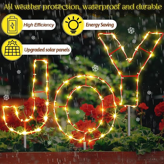 VIHOSE 3 Pcs Solar Christmas Joy Nativity Lighted Decorations Metal Joy Letters Outdoor Solar Stake Christmas Decorations Lighted Sign for Holiday Xmas Yard Garden Church Eve Party Night
