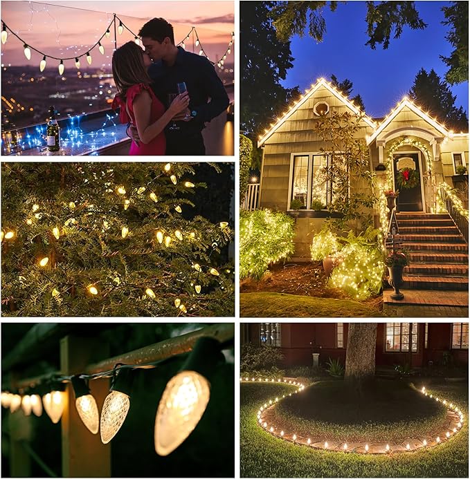 C9 LED Christmas Lights Outdoor, E17 Base Warm White Vintage Bulbs, Connectable, 100 Feet String Lights with 100 Sockets for Christmas Decor Patio(100Bulbs+4 Spare).