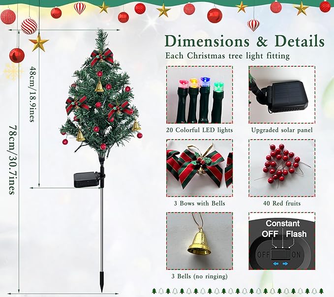 2 Set Solar Christmas Tree Lights Decorations Outdoor Waterproof, 40 LED Lights Christmas Solar Stake Lights Cemetery Christmas Tree for Grave Pathway Outside Garden Yard Lawn