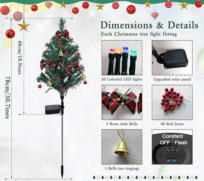 2 Set Solar Christmas Tree Lights Decorations Outdoor Waterproof, 40 LED Lights Christmas Solar Stake Lights Cemetery Christmas Tree for Grave Pathway Outside Garden Yard Lawn