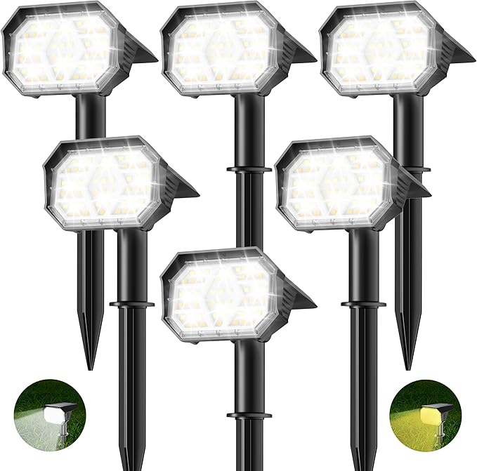 Brightown 6Pack Solar Spot Lights Outdoor [Cool & Warm Light 2-in-1], IP67 Solar Lights Outdoor Waterproof with 1800mAh, Two Mounting Methods Outdoor Solar Lights for Yard, Garden and Pathway