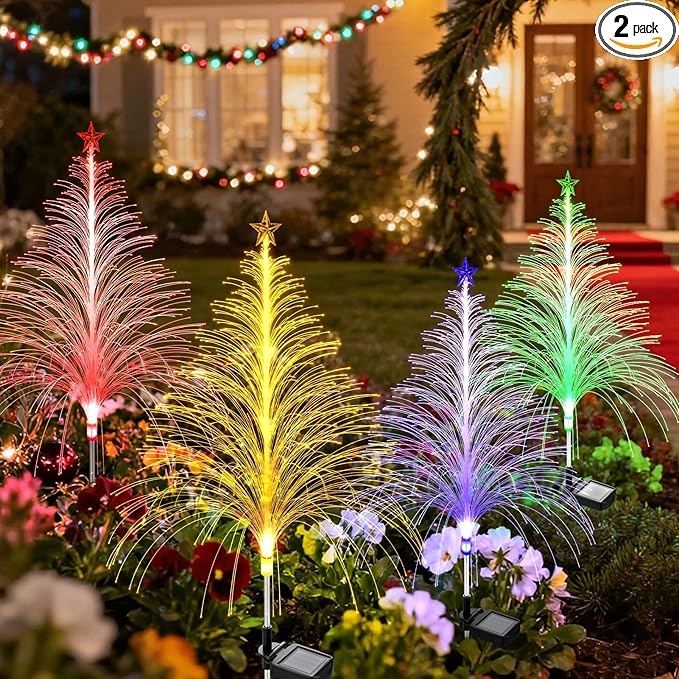 2 Packs Christmas Tree Solar Garden Light with Multi-Colored Change, Auto ON/Off Outdoor Yard Light, Solar Lighting for Garden, Porch, Christmas and Festival Decoration (S_Size)
