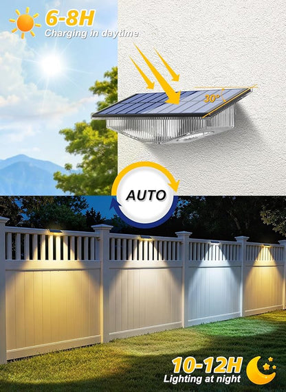 Solar Fence Lights Outdoor - 3000K/4000K/6000K 3 Color Modes, IP65 Waterproof Fence Lights Solar Powered Outdoor, Solar Powered Wall Light for Outside Porch Step Wall Stair Patio Yard (12 Pack)