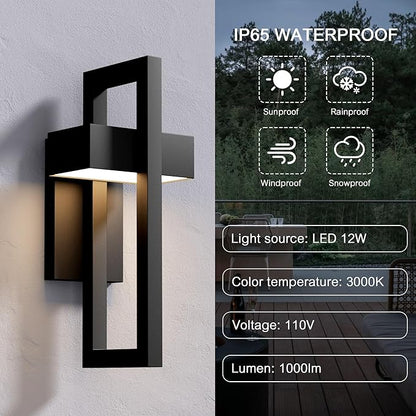 LamQee 2 Packs Modern Outdoor Wall Lights 3000K Integrated LED Outdoor Wall Sconces Lighting, Contemporary Exterior Lighting Fixtures Outside Wall Mount Lights for House Porch Door Garage, Matte Black