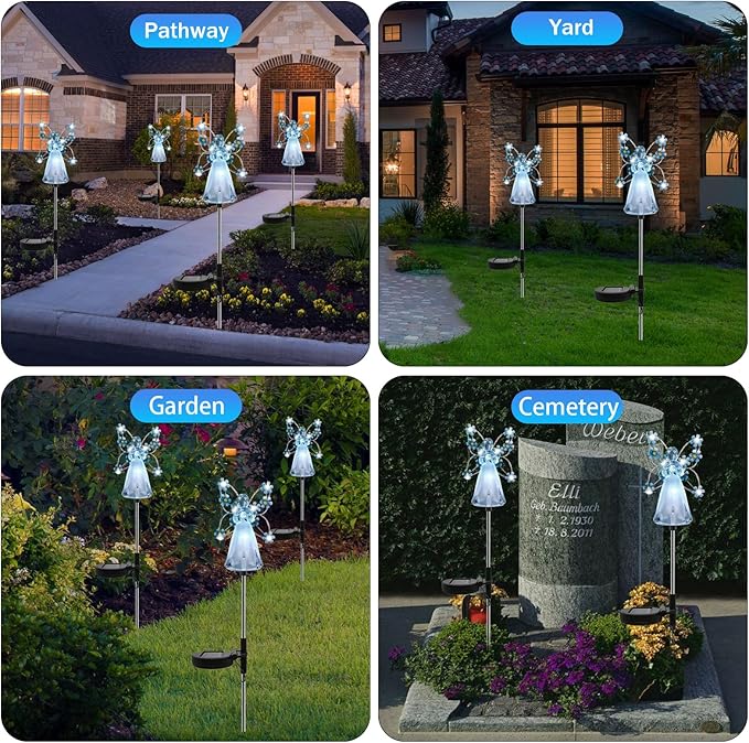 Solar Garden Lights, Solar Angel Garden Stake Lights Outdoor Waterproof, Angel Solar Lights Outdoor Garden Decor, LED Angel Decorative Lights for Cemetery Grave Yard, Memorial Sympathy Gift (Blue)