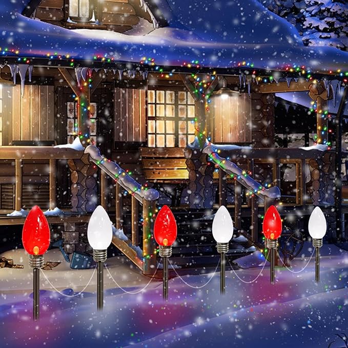 Jumbo C9 Christmas Decorations Outdoor Waterproof, 12 Pack Red And White Solar Christmas Lights Outdoor With Pathway Stakes, Solar Powered Lights For Outside Yard Lawns Garden Christmas Decorations