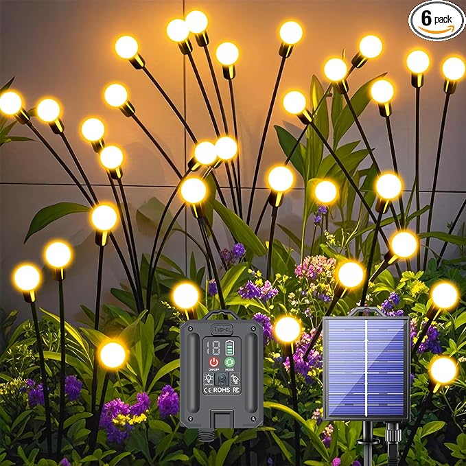 New Upgraded Solar Garden Lights, 6 Pack 48 LED Solar Firefly Lights Outdoor Waterproof, Solar & USB charging, 19 Modes Timer Swaying Light for Yard Pathway Patio Landscape Outdoor Decoration Lights