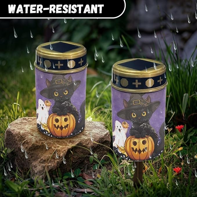 Black Cat Ghost Pumpkin Cemetery Solar Lights, Solar Powered Garden Stake Lights, Halloween Decorative Lights for Cemetery Grave Yard Patio Outdoor Decoration Memorial