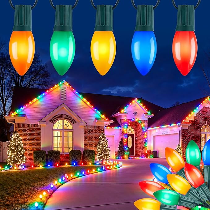 Vintage C9 LED Christmas Lights Outdoor, 150 Feet C9 String Light with 150 Shatterproof Bulbs, Waterproof Connectable Commercial Christmas Tree Lights for Outside Roofline Patio Decor, Multicolor