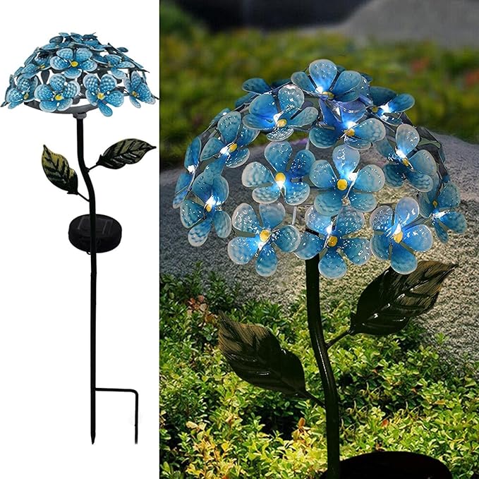Solar Garden Lights Metal Flower Garden Stake Yard Art,Solar Hydrangea Stake Lights,Hydrangea Flowers Metal Stake With Solar Lights Outdoor,Waterproof LED Lights For Garden,Lawn,Patio,Courtyard ( Colo