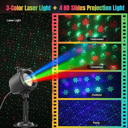 Christmas Laser Lights Projector Outdoor with 4 Dynamic Slides, 2-in-1 Moving RGB Firefly Laser Lights with Remote,Timer, Landscape Holiday Porjector for Window Wall