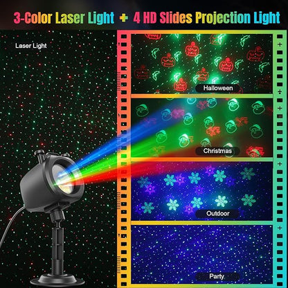 Laser Lights Projector Outdoor with 4 Dynamic Slides, 2-in-1 Moving RGB Firefly Laser Lights with Remote,Timer, Landscape Holiday Porjector for Window Wall Xmas Decor