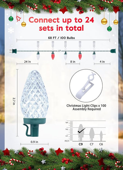 C9 LED Christmas Lights Outdoor, 68 Ft 100 LED C9 String Lights with 100 All in One Clips, Connectable Waterproof Christmas Tree Lights for Outside Roofline Backyard Garden Decor, Red & Warm White