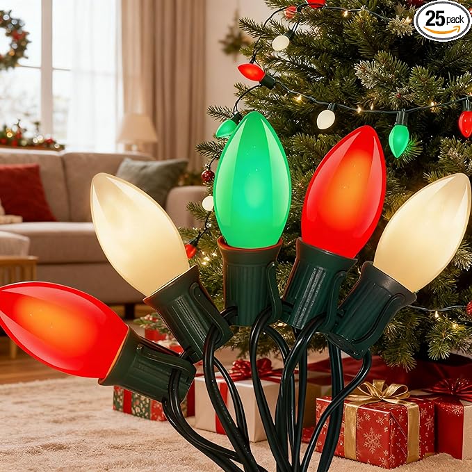 Abeja C7 Multicolor Christmas String Lights, 25Ft Ceramic Multicolor String Lights with 27 C7 Red White Green | Lumora