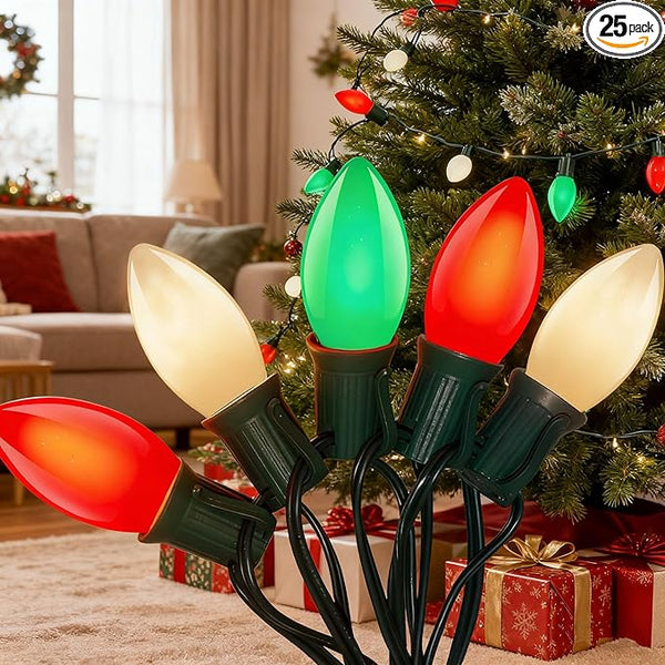Abeja C7 Multicolor Christmas String Lights, 25Ft Ceramic Multicolor String Lights with 27 C7 Red White Green | Lumora