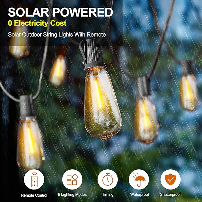 Stright Solar Powered String Light 180FT with Remote Control 8 Light Modes, Weatherproof Shatterproof ST38 LED Bulb, Total 45 Sockets, 1 to 3 Splitter cord String Lights (End to End 60FT, Total 180FT)