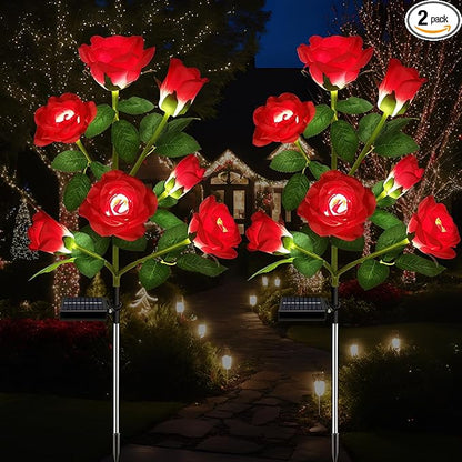 DWH 2 Pack Solar Garden Lights Outdoor, 7-Flower Rose LED Stake Light for Yard Patio Pathway Lawn Fence Cemetery, Red