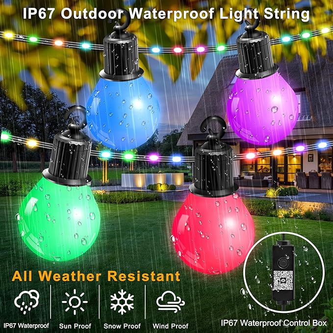 Smart Outdoor String Lights 65.6Ft, RGB IC Color Changing LED Patio Light IP67 Waterproof with 26 G40 Bulbs, Remote, App Control, Timer, Music Sync 5V Outdoor Hanging Lights for Garden Party Christmas