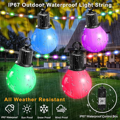 Smart Outdoor String Lights 65.6Ft, RGB IC Color Changing LED Patio Light IP67 Waterproof with 26 G40 Bulbs, Remote, App Control, Timer, Music Sync 5V Outdoor Hanging Lights for Garden Party Christmas