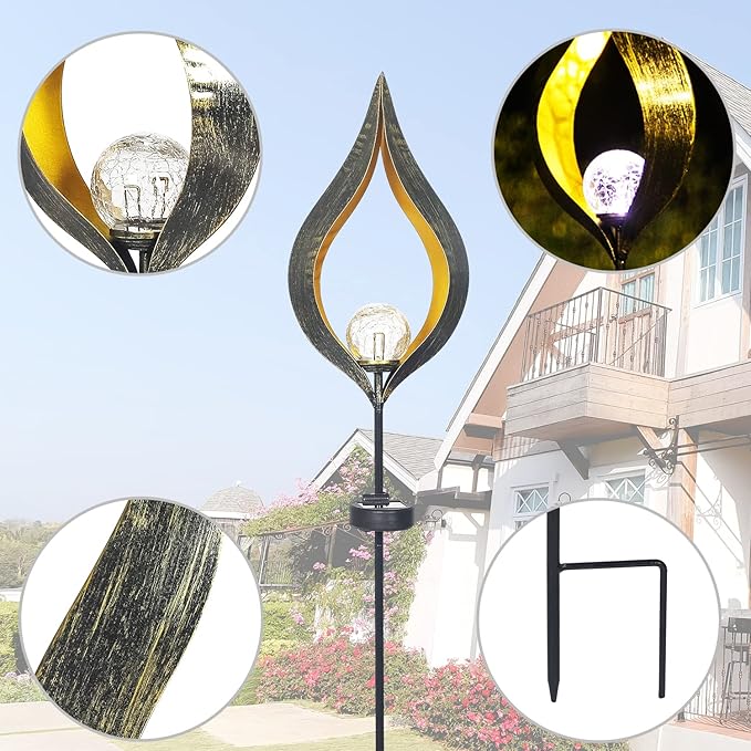 Outdoor Solar Lights Garden, Flame Crackle Glass Globe Stake Metal Waterproof LED Lights for Pathway, Lawn, Patio, Courtyard, Backyard
