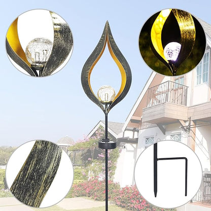 Outdoor Solar Lights Garden, Flame Crackle Glass Globe Stake Metal Waterproof LED Lights for Pathway, Lawn, Patio, Courtyard, Backyard