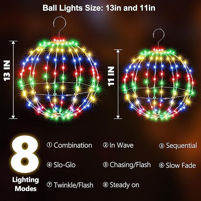 Joomer Battery Operated Christmas Ball Lights 2Pack, 13IN & 11IN Foldable Metal Sphere - Outdoor String Light | Lumora