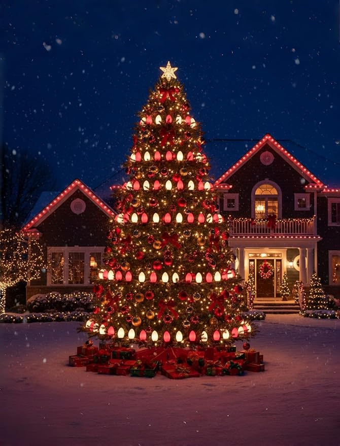25Ft Red and White Christmas Lights,C7 Christmas String Lights with 27 Red White Ceramic Bulbs(2 Spare), Vintage Incandescent Xmas Lights for Outdoor Holiday Xmas Roofline Wedding Party