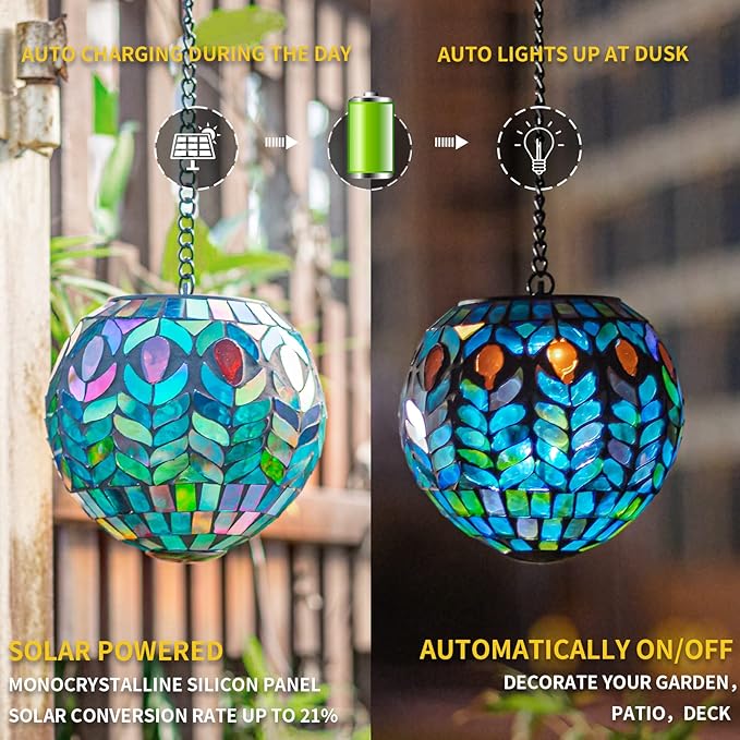 VCUTEKA Hanging Solar Lanterns Mosaic Solar Lights with Hook Up, Outdoor Garden Lights Decor for Yard Tree Fence | Lumora