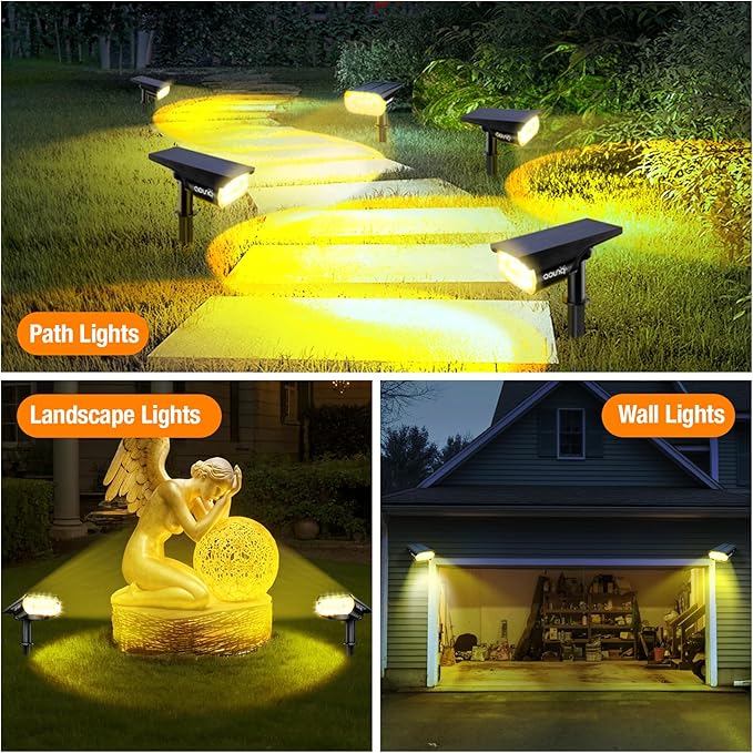 4 Pack Solar Spot Lights Outdoor 1000 Lumens, 64 LEDs IP67 Waterproof Landscape Lighting with 4 Modes - 2-in-1 | Lumora