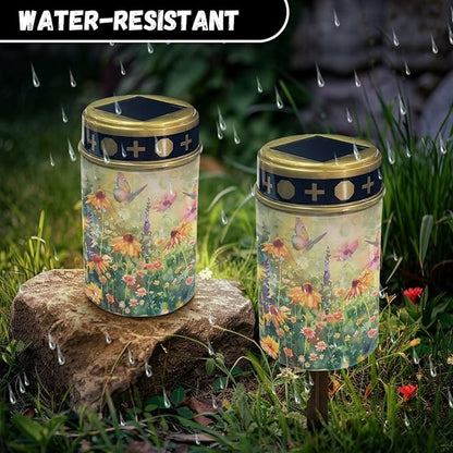Floral Butterfly Patio Solar Lights Detachable Easy Installation Cemetery Outdoor Waterproof Solar Lights Memorial Cemetery Decorative Lights for Patio Lawn Garden Cemetery Decor