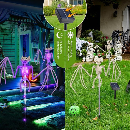 Halloween Decorations Outdoor Solar Garden Lights,2PCS of Set 3D Scary Bat Realistic Skeleton Outside Decor,Solar Creepy Bats Path Lights for Grave/Yard/House/Halloween Party Gifts Decor Purple