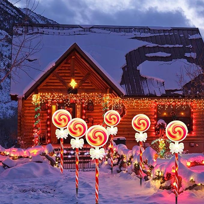 Solar Christmas Candy Cane Path Lollipop Lights-Outdoor Solar Powered 1 Panel with 5 LED Lights Pathway Landscape | Lumora