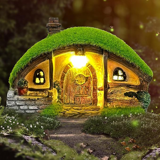 Garden Statue and Fairy House with Solar Lights – Resin Outdoor Figurine Lights, Cottage Yard Decor for Porch & Lawn | Lumora
