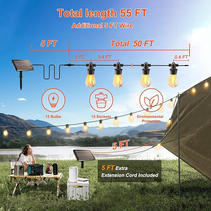 Stright 55FT Solar String Lights Outside Waterproof Remote Control with USB Charging Port Dimmable E12 S14 Bulbs, 55 Feet 15 Lamp Outdoor Solar Power LED Bulbs for Patio Garden Market Bistro Backyard