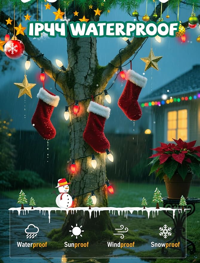 25Ft Multicolor Chritsmas Lights Outdoor, C7 Vintage String Lights with 27 Red White Ceramic Incandescent Bulbs, Hanging Patio Lights for Porch Roofline Christmas Tree Garden Pathway Indoor Decor
