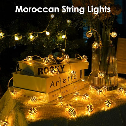 LORRYTE Moroccan Christmas String Lights Outdoor Battery Operated, 60 LED 36 FT Globe Fairy Lights with 8 Lighting Modes, String Lights for Bedroom Party Wedding Garden Christmas Decor (Warm White)