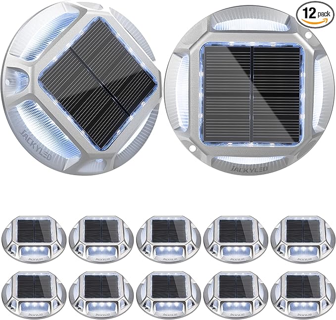 JACKYLED Solar Driveway Marker Lights 12-Pack, Outdoor 12 LED Solar Powered Boat Dock Deck Lights IP68 Waterproof Road Studs for Deck Step Stair Garden Ground Walkway (Cool White)