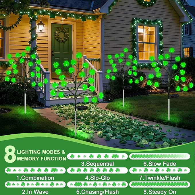 4 Pack St Patricks Day Solar Outdoor Lights, 80 LED St Patricks Day Decorations, Solar Shamrock Stakes Lights with | Lumora