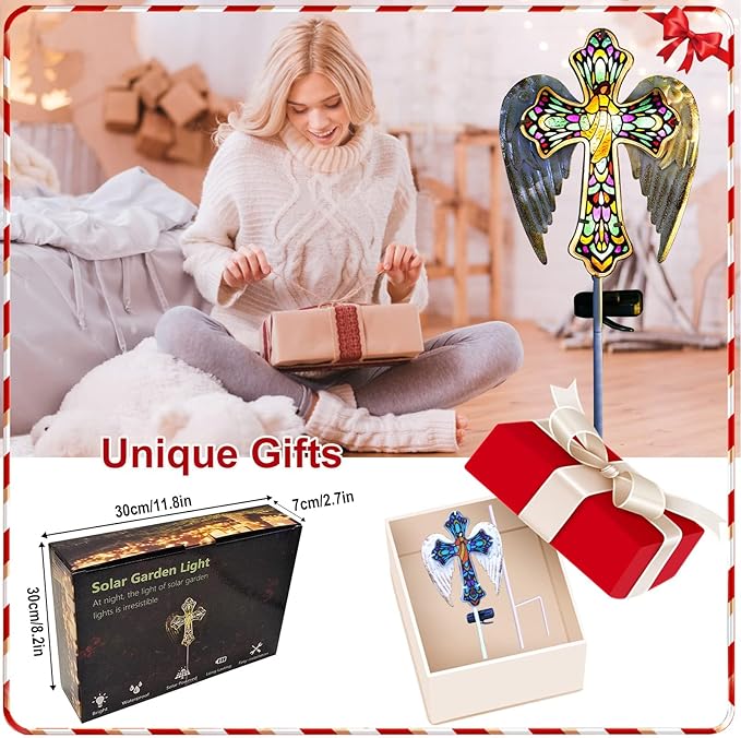Unique, TEDOF Solar Glass Cross Stake Lights with Angel Wings, Outdoor Memorial Garden Decor for Grave, Festive Yard Lawn Patio Christmas Decoration for Mom, Warm Holiday Lighting